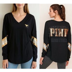 PINK Victoria’s Secret Gold Sequin Dog Long Sleeve Tee Black Metallic Size S
